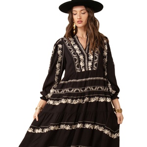 2024 élégant fête Maxi robe femmes broderie lourde à manches longues étage longueur concepteur doux Style tissé tissu modèle personnalisé - Product Image 1