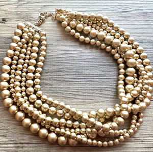 Six Strand Gold Chunky <b>Statement</b> <b>Necklace</b>, Big Beaded Jewelry, Fringe Beaded Bandana - Product Image 1