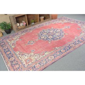 Alfombra turca clásica roja y azul Vintage de 6,7x11 pies, área grande, diseño de retazos rectangulares, lana de algodón orgánico, sala de pasillo de látex - Product Image 2