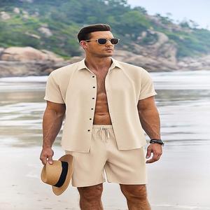 Camisas de Manga Corta de Verano para Hombre, Estilo Vintage, Tejidas, de Poliéster/Algodón, Secado Rápido, Transpirables, Lisas, Teñidas, Conjunto de Ropa Exterior - Product Image 4