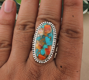 925 Sterling Silver Handmade Oval Spiny Oyster & Turquoise Inlay <b>Ring</b> Vintage Boho Statement Jewelry for Women - Product Image 1