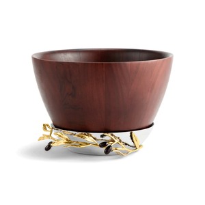 Beau bol de service en bois avec logo personnalisable moderne et accents floraux élégants en métal - Product Image 3