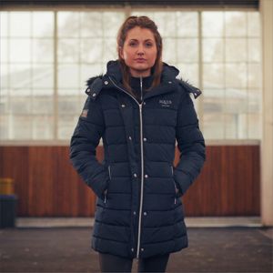 Abrigo de invierno impermeable a prueba de viento largo acolchado con capucha desmontable y decoración bordada con ribete de piel sintética - Product Image 4