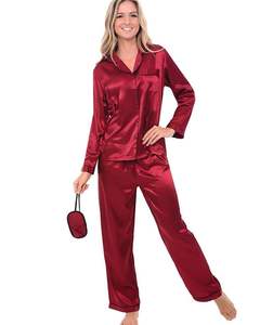 Manufacturer Customized <b>Women</b> Red Satin Silk <b>Pajama</b> Set Button Down Long Sleeve Sleepwear Luxury Soft Shiny Nightwear Loungewear - Product Image 6