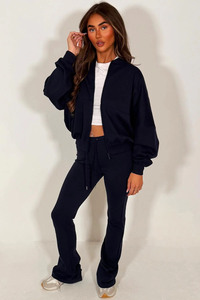 Wholesale Premium Navy Women's Plus Size Casual Solid 2-Piece Zip <b>Bell</b> Bottom Breathable Polyester/Cotton Fleece Tracksuit Set - Product Image 6