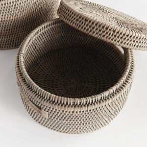 Set of 2 Round Rattan <b>Baskets</b> <b>with</b> Airtight <b>Lids</b> Handmade Storage <b>Basket</b> Wholesale eco-friendly Made in Vie - Product Image 4