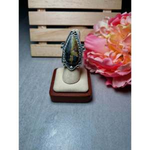 Anillo Ajustable de Plata de Ley y Turquesa Navajo Black Jack, Hecho de Acero Inoxidable con Incrustaciones, para Regalo - Product Image 1