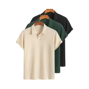 <b>Men's</b> Striped Knit <b>Shirt</b> Short Sleeve Button-Up Collar Ribbed Texture Black White Vertical Stripes Versatile Attire Allseason BD - Product Image 1