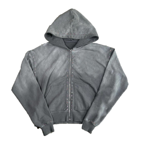 Sweat à capuche pour homme 100% coton Acid Wash Sun Faded Zipper Hoodies Logo personnalisé Rhinestone Sweats à capuche unisexe très confortables pour homme quantité minimale de commande bas - Product Image 1