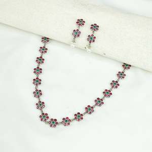 Ayushi Delicate Silver <b>Necklace</b> Set with <b>Ruby</b> and Emerald Floral Design for Party Occasions - Product Image 2