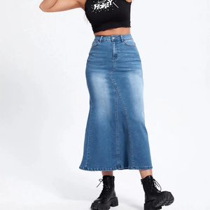 Jupe longue en jean cargo taille haute, nouvelle arrivée été-automne, fente devant, vintage, bleu, ourlet effiloché - Product Image 2