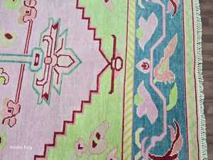 Antique Handknitted Cotton Oushak Rug 8x10 Low Pile <b>Foam</b> Backed PET Friendly Pink Green High Quality Traditional Living Bathroom - Product Image 4