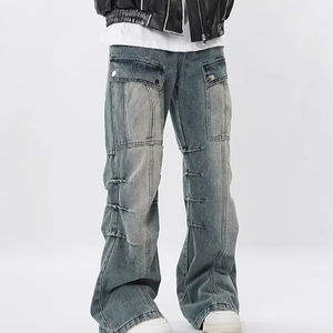 กางเกงยีนส์ขาตรงสไตล์เรโทรสำหรับผู้ชายกางเกงยีนส์ทรงหลวมเอวสูงแบบหลายกระเป๋า - Product Image 1