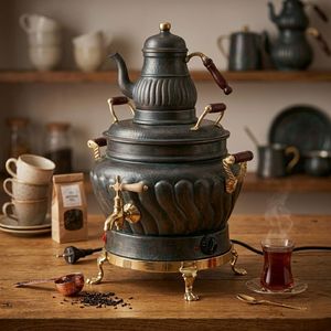 Samovar Eléctrico de Cobre Hecho a Mano Shark Anatolia de 22L con Tetera, Termostato de 2500W, Acabado Oxidado Vintage, Preparador de Té Turco - Product Image 1