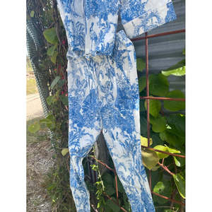 Pijamas Largos Tejidos Azules Estilo Chinoiserie para Mujer, Ropa de Dormir de Algodón Sostenible y Transpirable, Cintura Elástica, Logotipo Personalizable - Product Image 2
