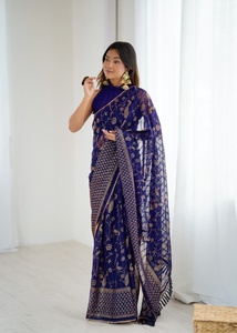 Prix imbattable pour une belle Georgette traditionnelle Saree bleu marine avec chemisier fantaisie fête ethnique mariage Festival porter des femmes - Product Image 6