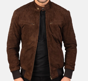 <b>Men's</b> <b>Brown</b> <b>Suede</b> Bomber <b>Jacket</b> Moto Style Turn-down Collar Quilted Shoulder Patch Design Regular Fit Autumn Wear - Product Image 1