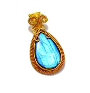 Pendentif lisse en labradorite de feu bleu pendentif à breloque en platine avec fil de cuivre enveloppé pour cadeau - Product Image 2