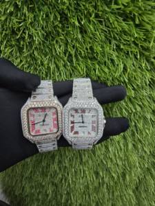 Montre-bracelet mécanique pour homme personnalisée à la main, 2 chronos, diamants en moissanite glacés VVS, cadran en or blanc carré, entièrement personnalisable - Product Image 4