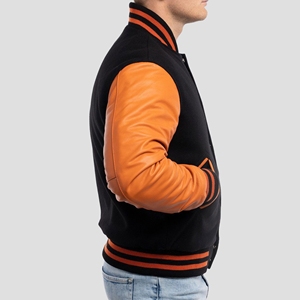 Veste universitaire unisexe en laine avec manches en cuir, fermeture éclair, patchwork, coupe-vent, écologique, style vintage, vente en gros - Product Image 3