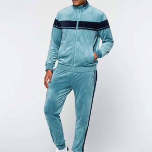 Ensemble survêtement coupe-vent en velours 100% coton bleu personnalisé, veste zippée et pantalon, design texturé, rayures contrastées, motif uni, hiver - Product Image 2