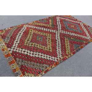 Alfombra Turca Vintage de 5.3x9.3 pies, Alfombra Oriental de Lana Roja Kilim - Product Image 1