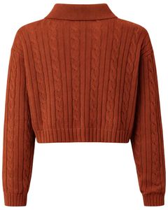 Customized Womens Rusted <b>Brown</b> Cable Knit Cropped Polo Sweater <b>Long</b> <b>Sleeve</b> Button Placket Ribbed Hem Casual Winter Knitwear <b>Top</b> - Product Image 2