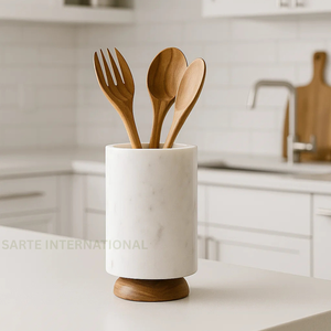 Top Selling White Marble Utensil <b>Holder</b> Handmade Luxury Cutlery Organizer with Wooden Base Modern <b>Kitchen</b> Decor Home Hotel - Product Image 2