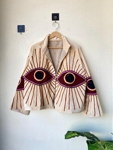 แจ็กเก็ตผ้าฝ้ายกำมะหยี่สีชมพูใช้ได้ทั้งชายและหญิงแจ็กเก็ตฤดูหนาวสไตล์โบฮีเมียนแบบลำลองปักลายด้วยตาชั่วร้ายของขวัญสำหรับเทศกาล - Product Image 4