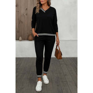 Conjunto de Dos Piezas con Detalle de Canalé y Manga Larga para Mujer, Nueva Temporada, 28584 - Negro - Product Image 2