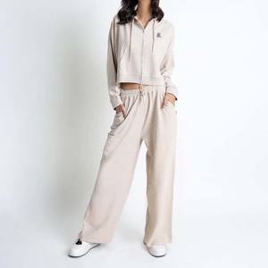 Nouveau hiver couleur unie 100% coton respirant Zip survêtement ensemble femmes debout avant lourd hiver sportif à capuche survêtement - Product Image 1