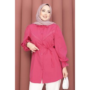 Camisa Elegante con Cordones Color Fucsia, Logotipo Bordado Floral, Cuello con Volantes, Talla XL, Tela de Popelina, Chifón y Tejido de Punto, Camisa Holgada Larga o Corta para Mujer - Product Image 2