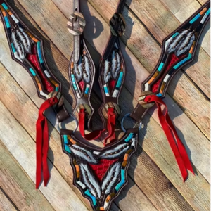 Kaamkaaj Genuine Leather Western Saddle Horse Tack <b>Set</b> Metal Components Buckle Closure <b>Beaded</b> Headstall Breast Collar Regular - Product Image 1