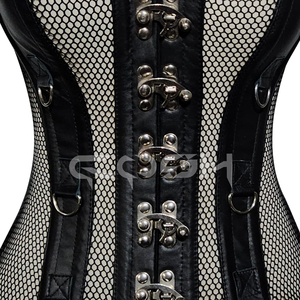Vente en gros de lingerie sexy pour femmes, corset en maille noire avec bordure en simili cuir et fermeture à boucle avant |   Achetez maintenant - Product Image 6