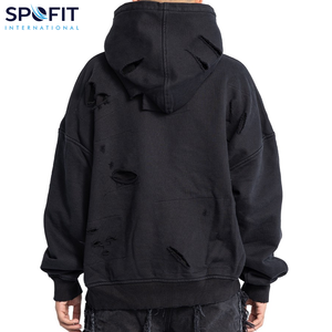 Sudaderas con capucha desgastadas lavadas con ácido de gran tamaño personalizadas de buena tela, sudaderas con capucha Vintage de gran tamaño rasgadas para hombres, venta al por mayor, peso pesado - Product Image 5