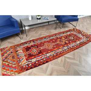 Alfombra Turca Vintage de 3.2x9.2 pies (97x281 cm), Alfombra Kilim Roja Naranja con Diseño Floral - Product Image 2