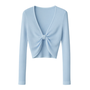 Suéter Corto de Punto Acanalado para Mujer, al por Mayor, con Nudo Trenzado, Manga Larga, Cuello en V, 100% Algodón, Transpirable, Ecológico, de Fábrica - Product Image 1