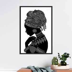 Elegante Silueta de Mujer Africana Impresa en Lienzo para Decoración del Hogar, Lienzo Enmarcado en Negro - Product Image 1