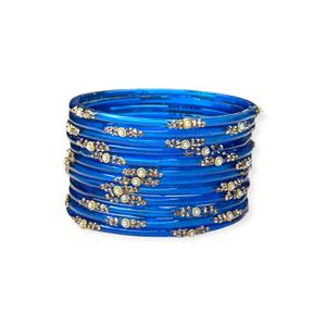 Royal <b>Blue</b> Gold-Plated Trendy Glass Bridal Wedding Party Wear <b>Jewellery</b> Emerald Cut Pearl Stone Work Set Fashionable Bangle - Product Image 3