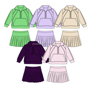 女の子用ヨガセット 新入荷 新デザイン 春 長袖 1/2ジップ プルオーバー ポケット付き プリーツスカート ショートパンツ内蔵 - Product Image 2