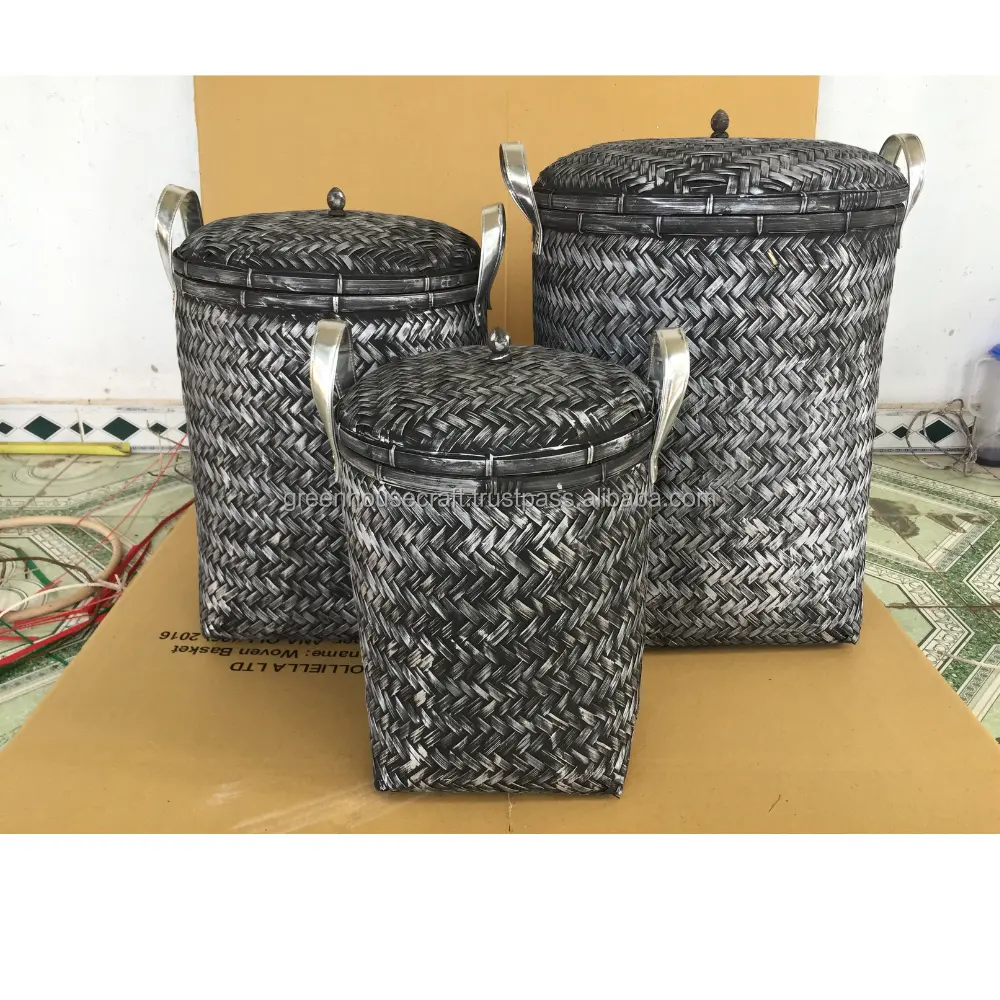 Nuevos diseños Precio de fábrica Juego de 3 cestas de almacenamiento de bambú Cesta de mimbre tejida Cesta de bambú de embalaje personalizada