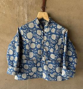 Veste matelassée faite à la main pour femmes, Parka en coton à fleurs à manches longues, Design bleu réversible, lavable à la main, Style Boho Vintage - Product Image 5