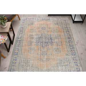Navy Blue and Orange Printed <b>Rug</b>, Medallion Design, Faded Oriental Turkish Custom Office Bedroom,<b>Chenille</b> <b>Rug</b> - Product Image 3