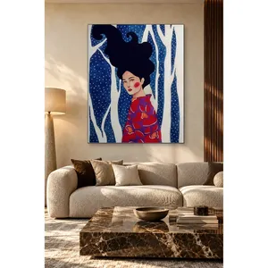 Impression sur toile Fida Navy Tree Trunks Girl in Red Kimono - Product Image 1