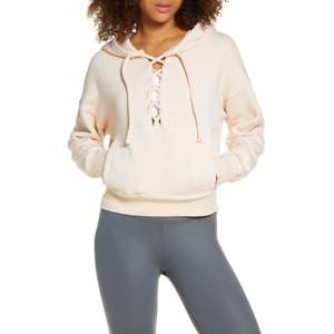 Felpa con cappuccio con lacci di grandi dimensioni rosa da donna Free People Fp Movement Believe IT Tessuto lavorato a maglia traspirante - Product Image 1