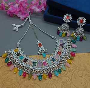 Ensemble de bijoux plaqué argent kundan traditionnel indien et ensemble de collier en cuivre pour femmes et filles accessoires indiens bijoux femmes - Product Image 1