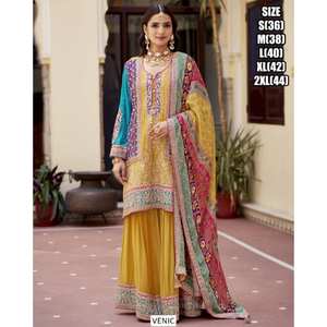 Punjabi bordado Sharara Pallazo traje Dupatta con borlas cuello redondo mangas tres cuartos largo étnico Anarkali traje boda - Product Image 2