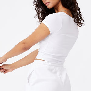 Camiseta de manga corta 100% de algodón para mujer, ropa básica lisa con estampado de logotipo personalizado en blanco, cuello redondo, de verano - Product Image 5