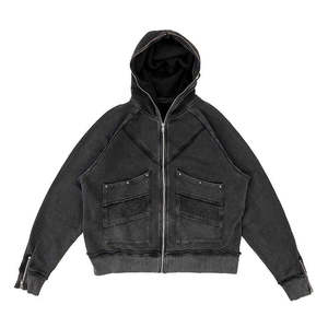 Cut & Sew recadrée pierre lavage à l'acide sweat à capuche hommes personnalisé en détresse patch broderie vintage vieilli applique couture sweats à capuche - Product Image 6