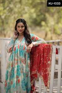 Ropa tradicional india Vestidos de lujo listos para usar de seda rusa con estampado digital con trabajo bordado con borde de encaje de diseñador - Product Image 3